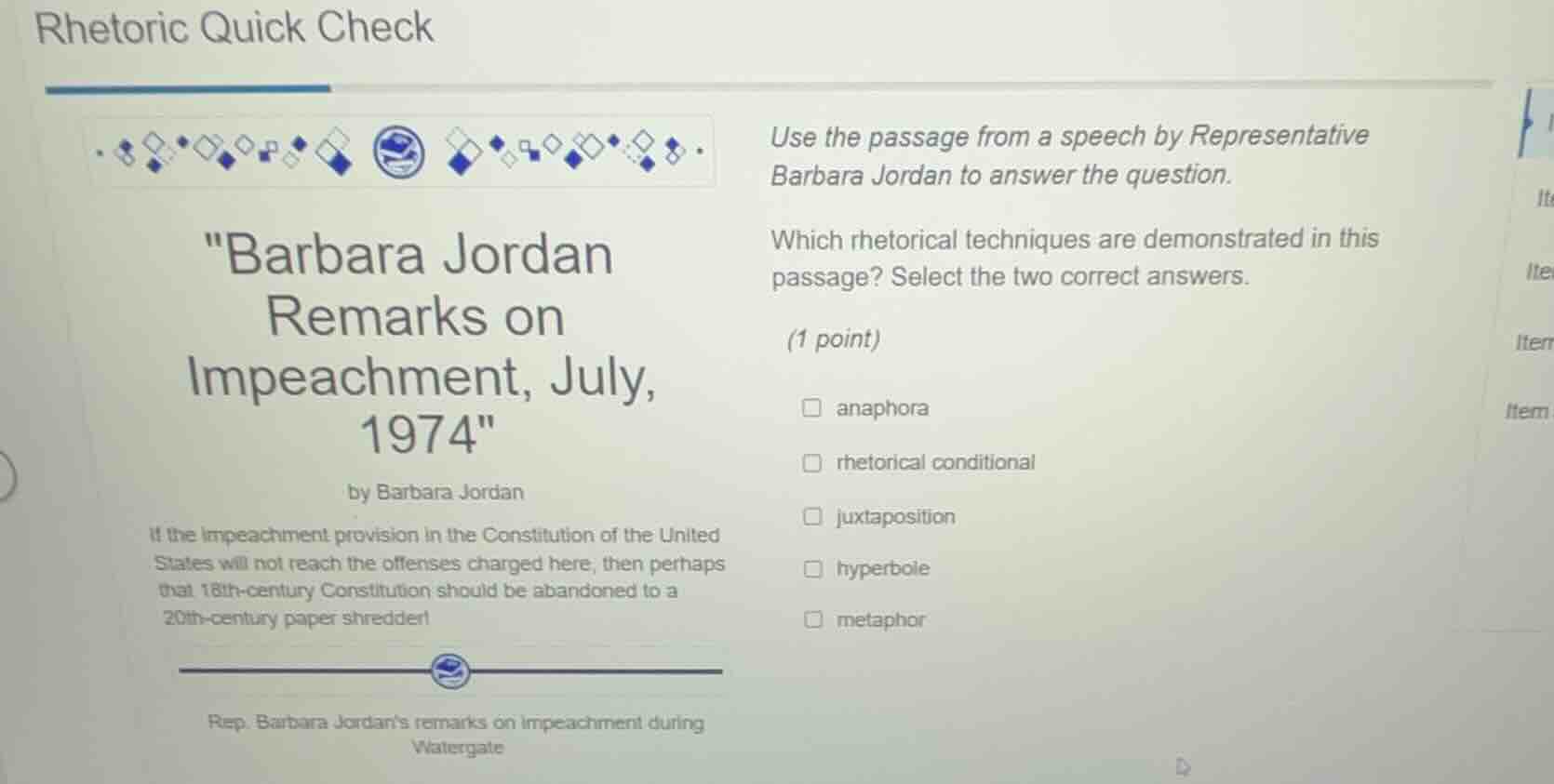 rhetoric quick check \barbara jordan remarks on impeachment, july, 1974…