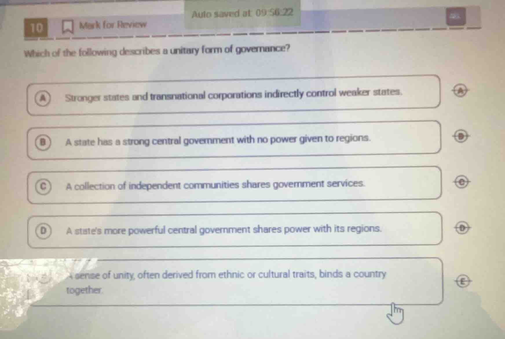 10 mark for review which of the following describes a unitary form of g…