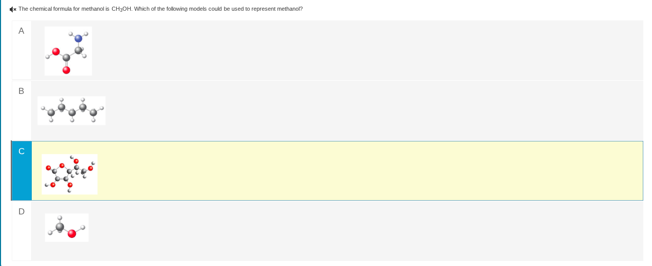 the chemical formula for methanol is $ce{ch_{3}oh}$. which of the follo…