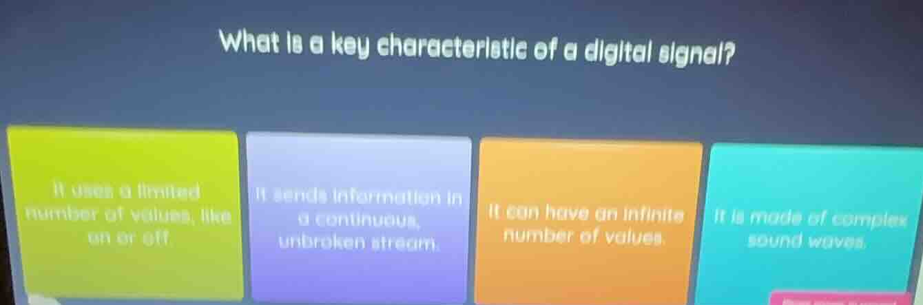 what is a key characteristic of a digital signal? it uses a limited num…