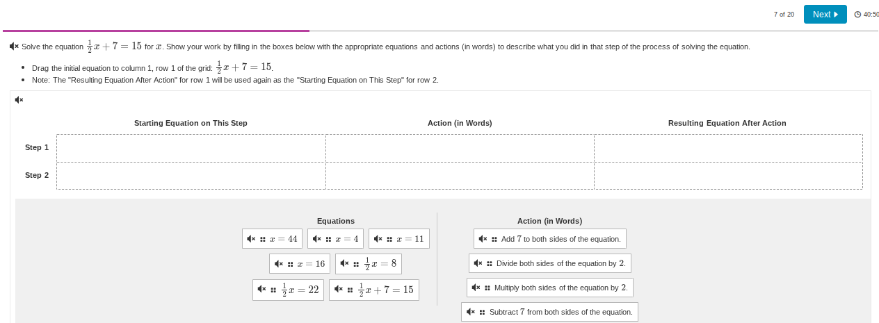 solve the equation \\(\\frac{1}{2}x + 7 = 15\\) for \\(x\\). show your …