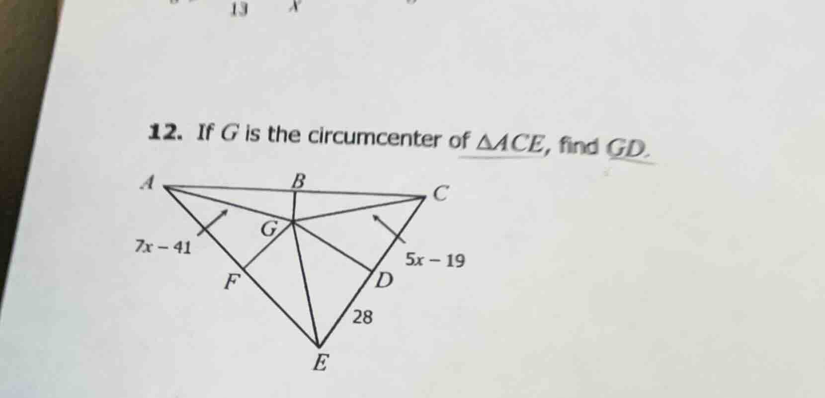 12. if g is the circumcenter of $\\triangle ace$, find $gd$.
