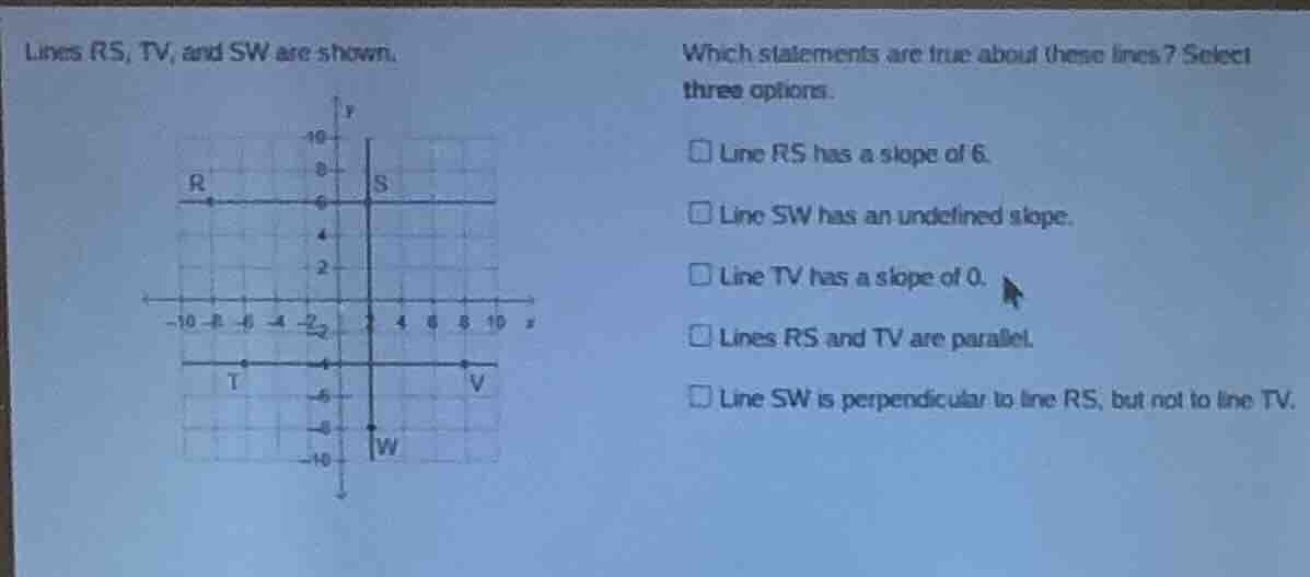 lines rs, tv, and sw are shown. which statements are true about these l…