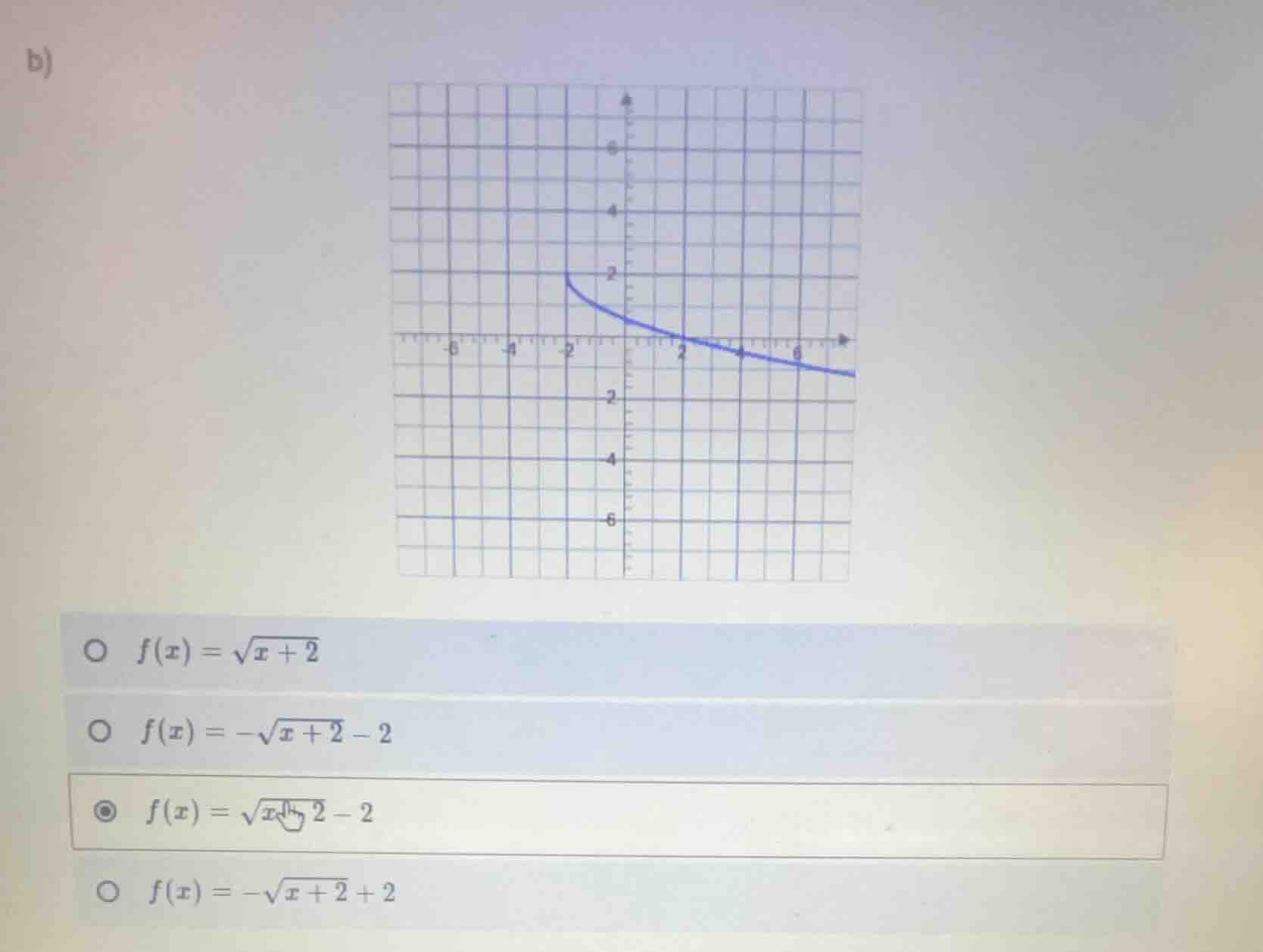 b) \\(\\boldsymbol{f(x) = \\sqrt{x + 2}}\\) \\(\\boldsymbol{f(x) = -\\s…