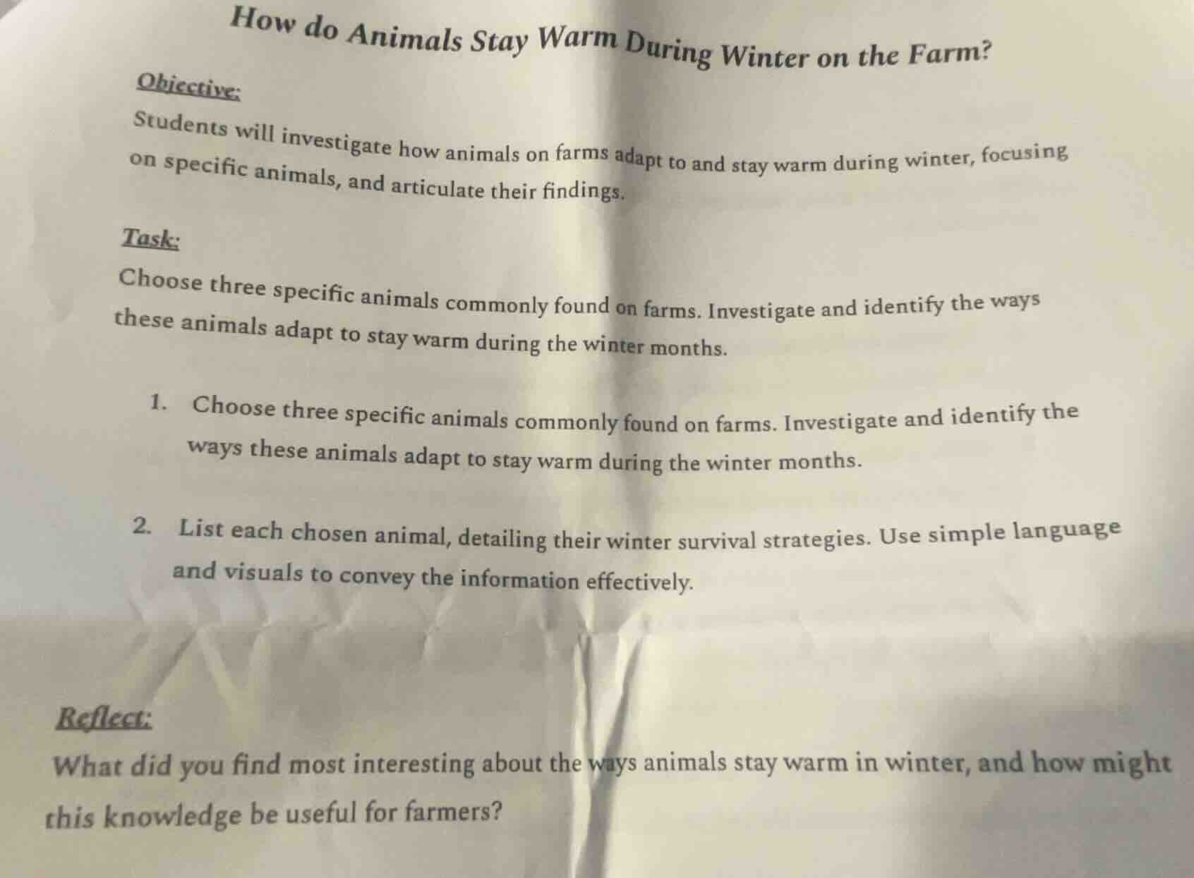 how do animals stay warm during winter on the farm? objective: students…