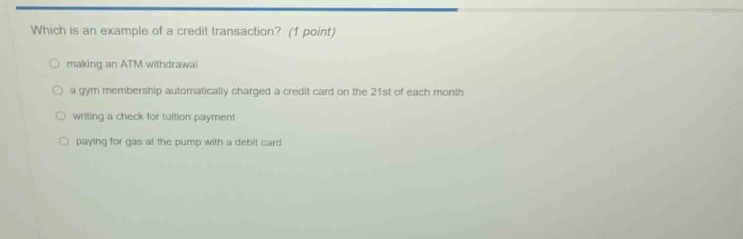 which is an example of a credit transaction? (1 point) making an atm wi…