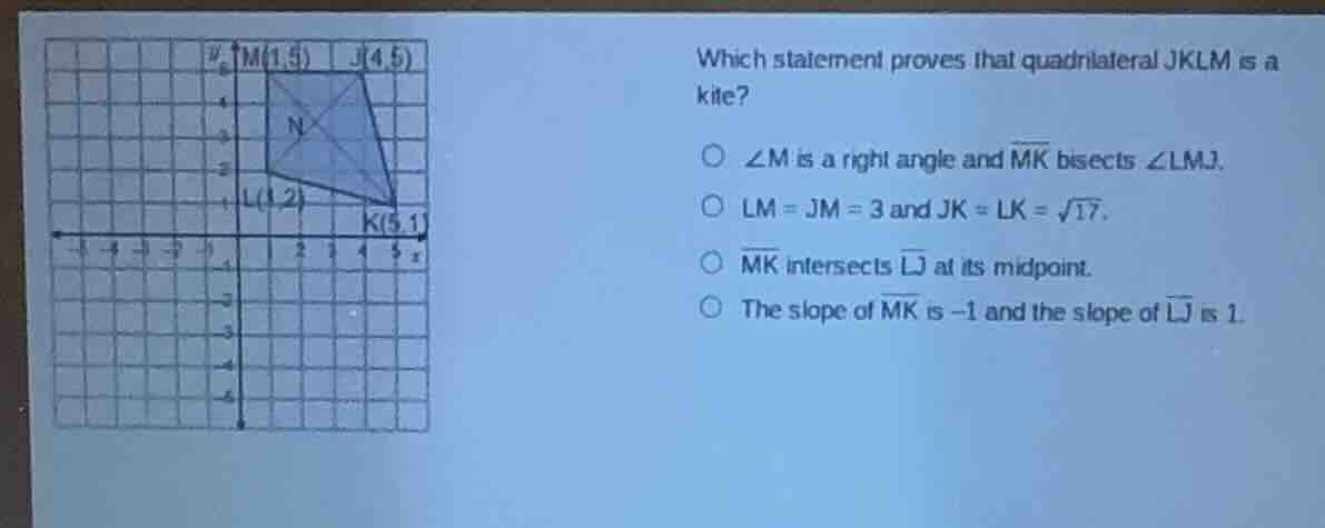 which statement proves that quadrilateral jklm is a kite? - ( angle m )…