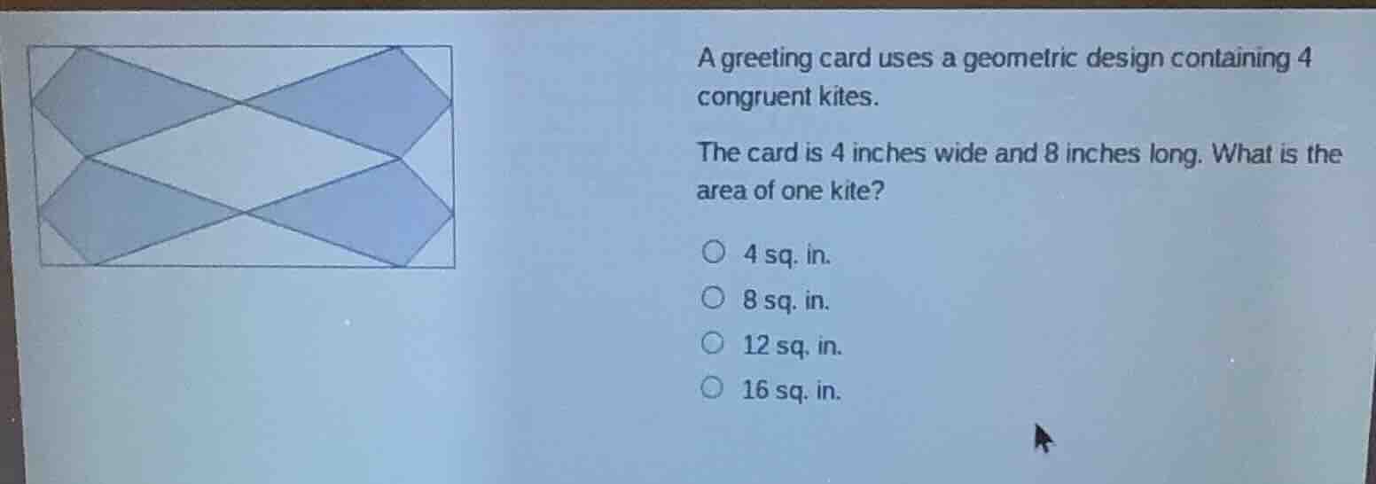 a greeting card uses a geometric design containing 4 congruent kites. t…