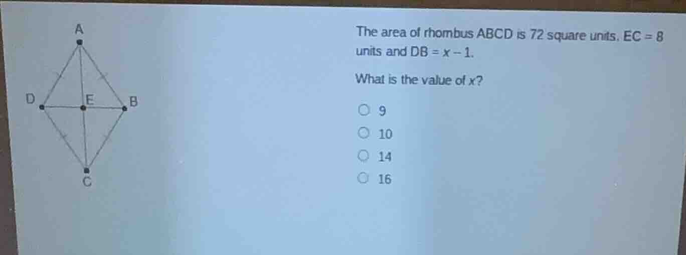 the area of rhombus abcd is 72 square units. ec = 8 units and db = x - …