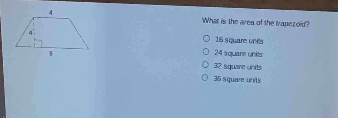 what is the area of the trapezoid? 16 square units 24 square units 32 s…
