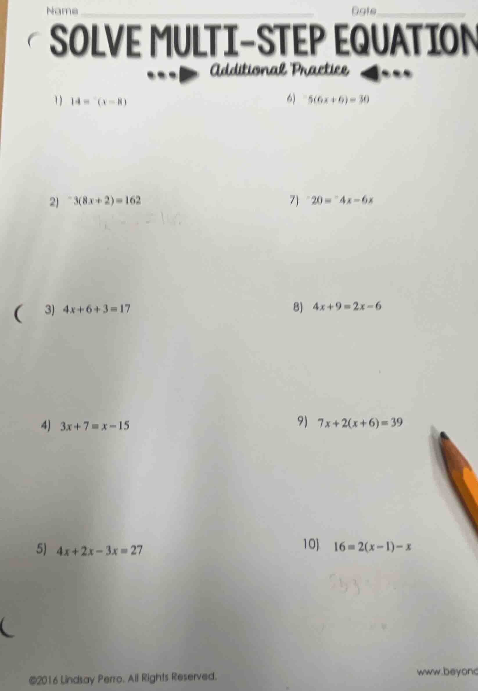 name date solve multi-step equation additional practice 1) 14 = -(x - 8…