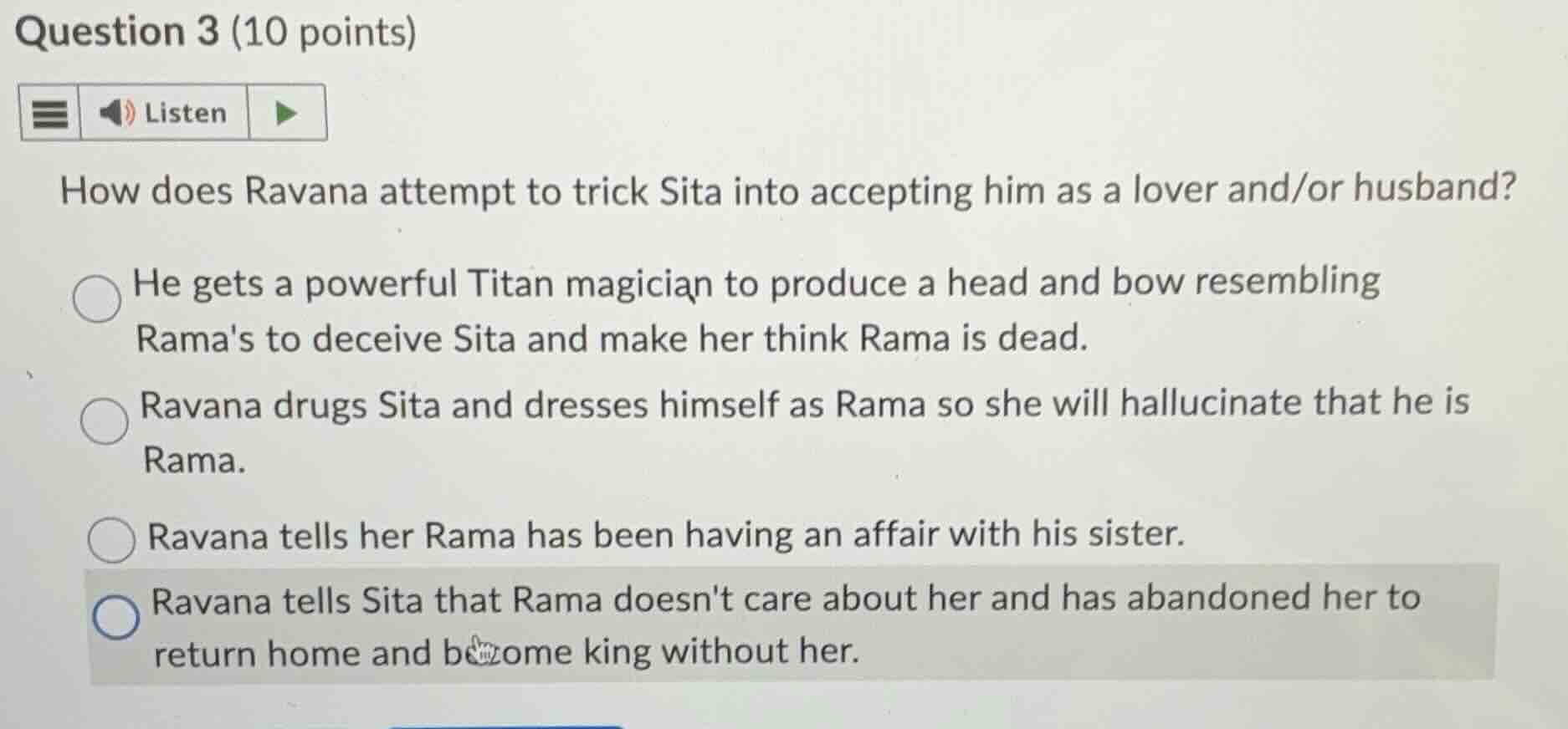 question 3 (10 points) how does ravana attempt to trick sita into accep…