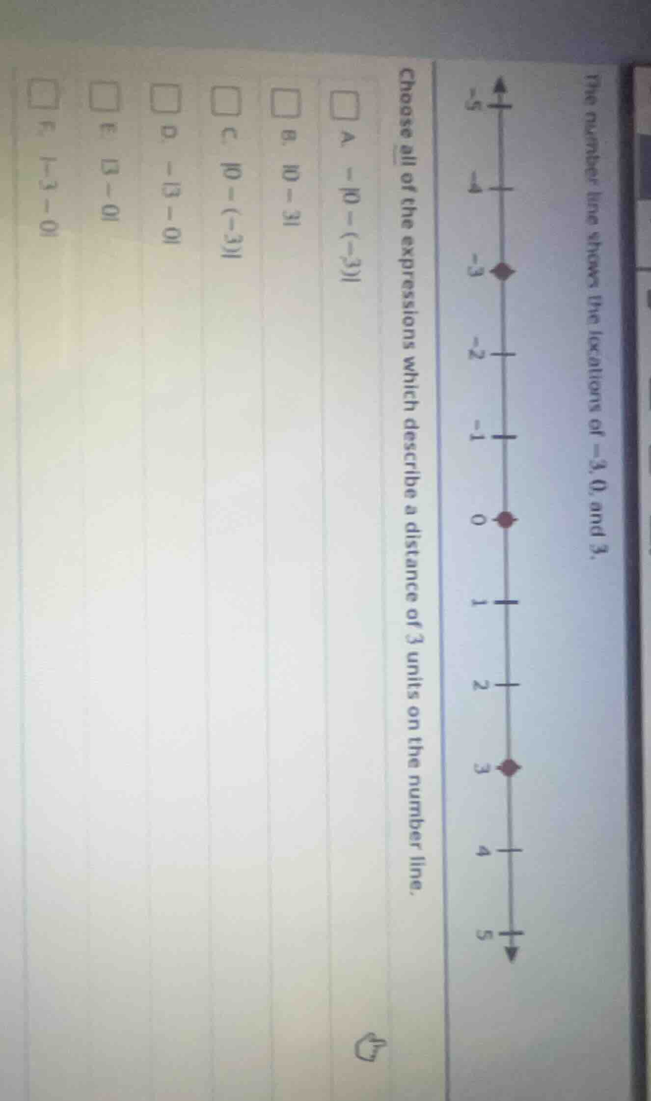 the number line shows the locations of -3, 0, and 3. choose all of the …