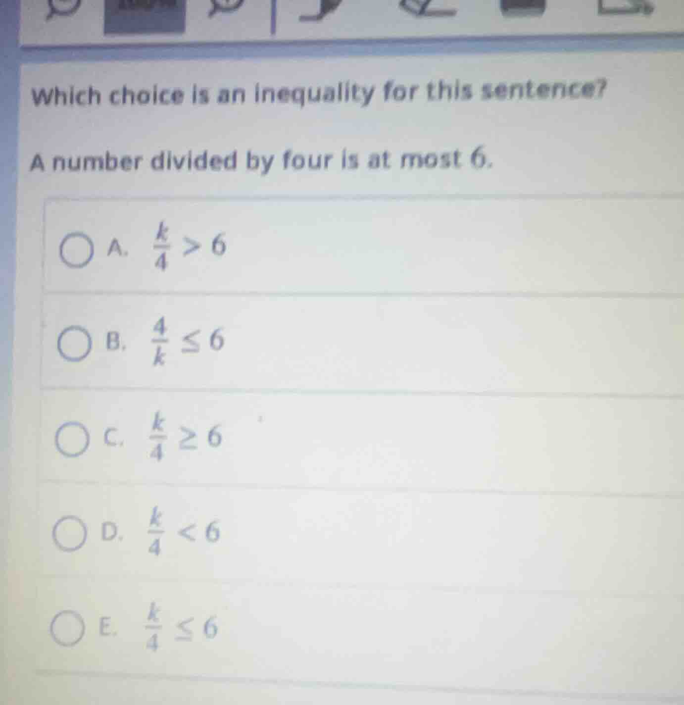 which choice is an inequality for this sentence? a number divided by fo…