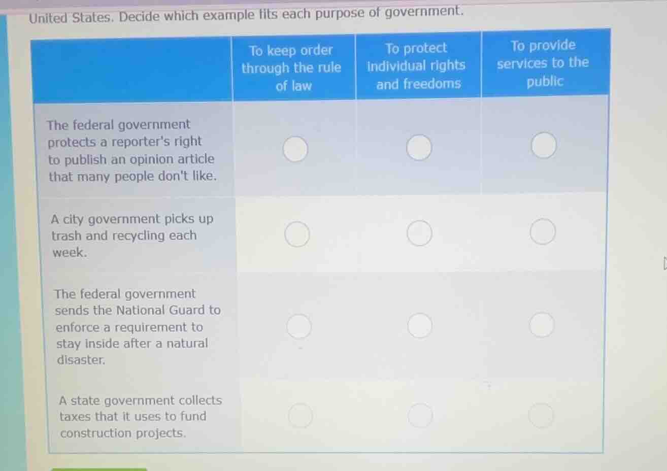 united states. decide which example fits each purpose of government. th…