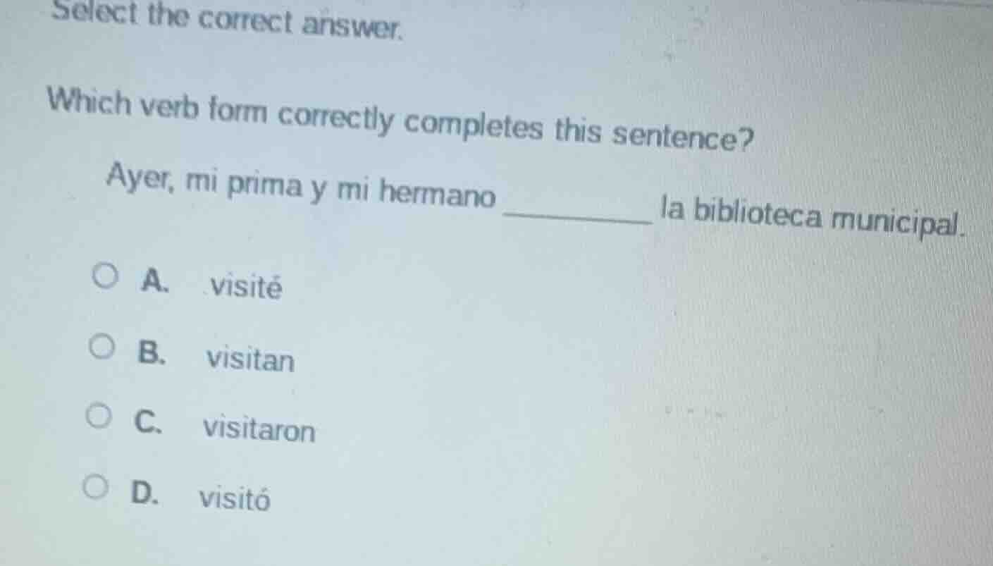 select the correct answer. which verb form correctly completes this sen…