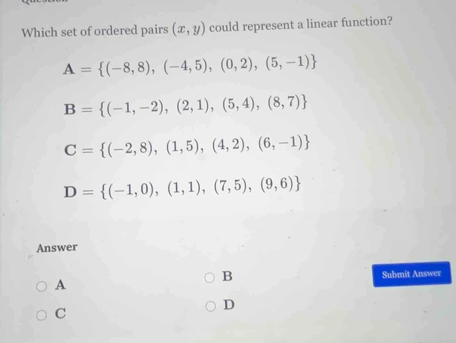 which set of ordered pairs ((x, y)) could represent a linear function? …
