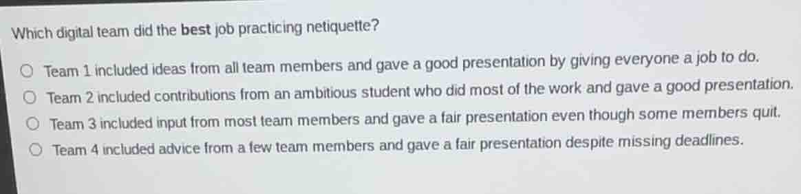 which digital team did the best job practicing netiquette? team 1 inclu…