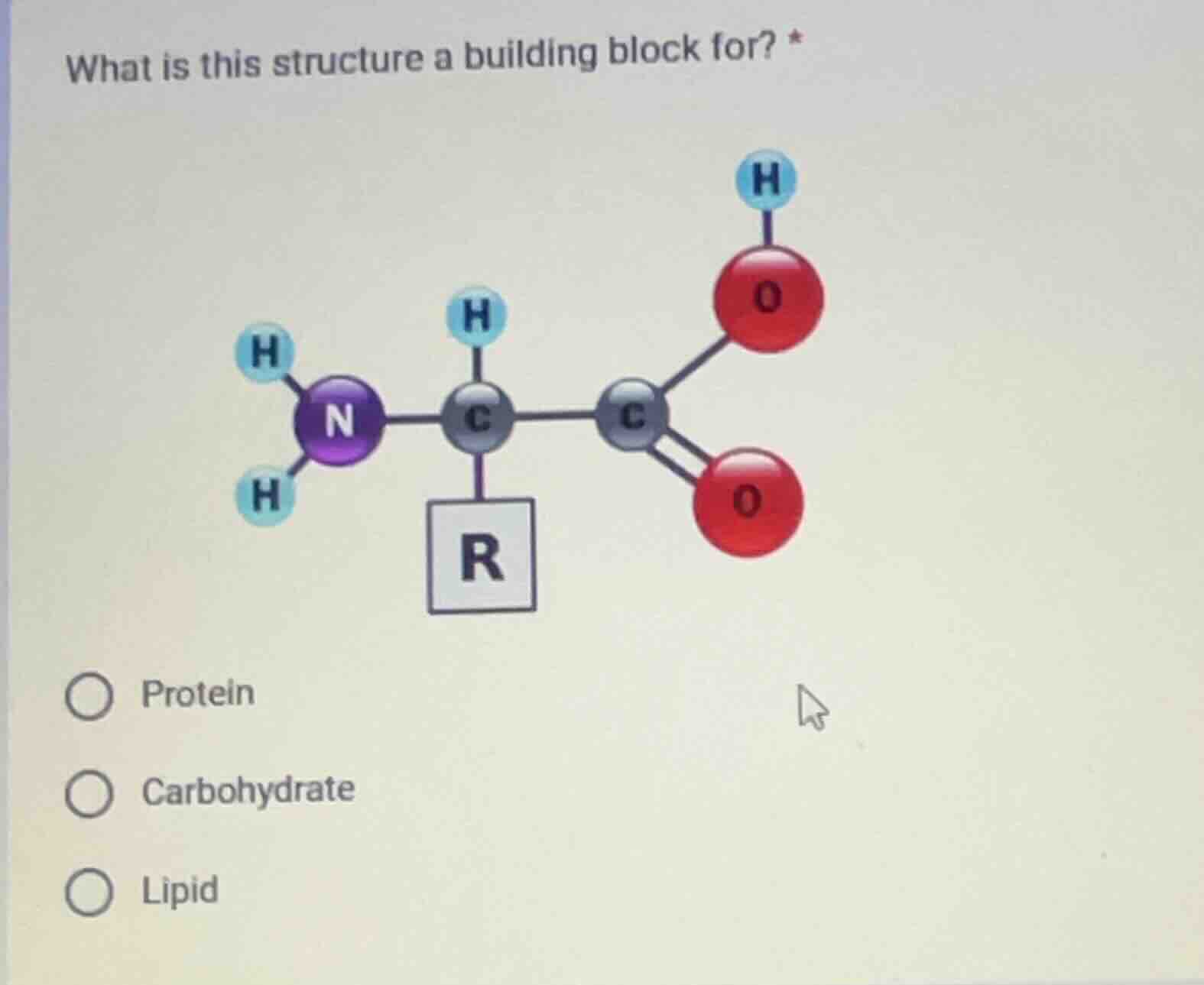 what is this structure a building block for? * options: ○ protein ○ car…