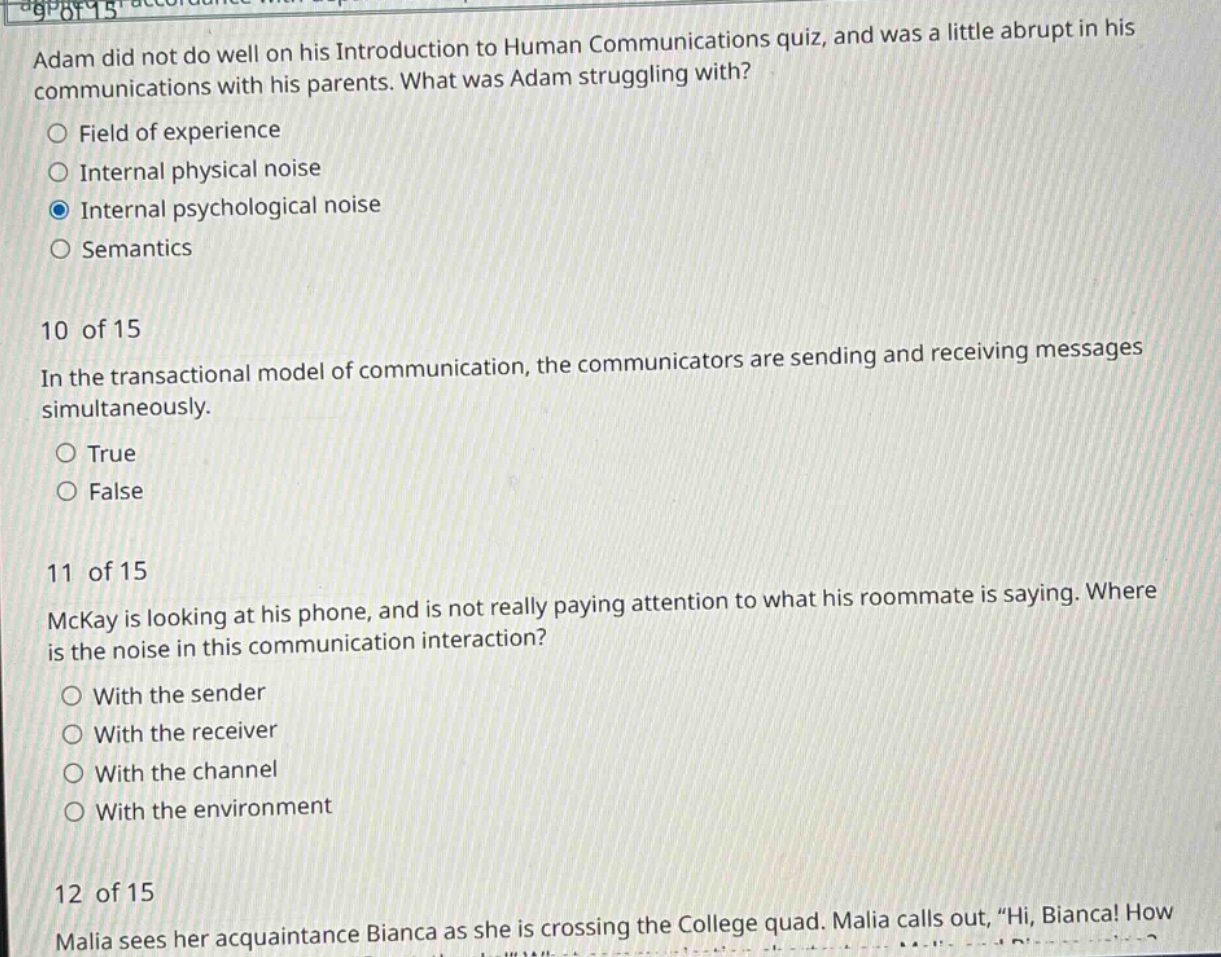 9 of 15 adam did not do well on his introduction to human communication…