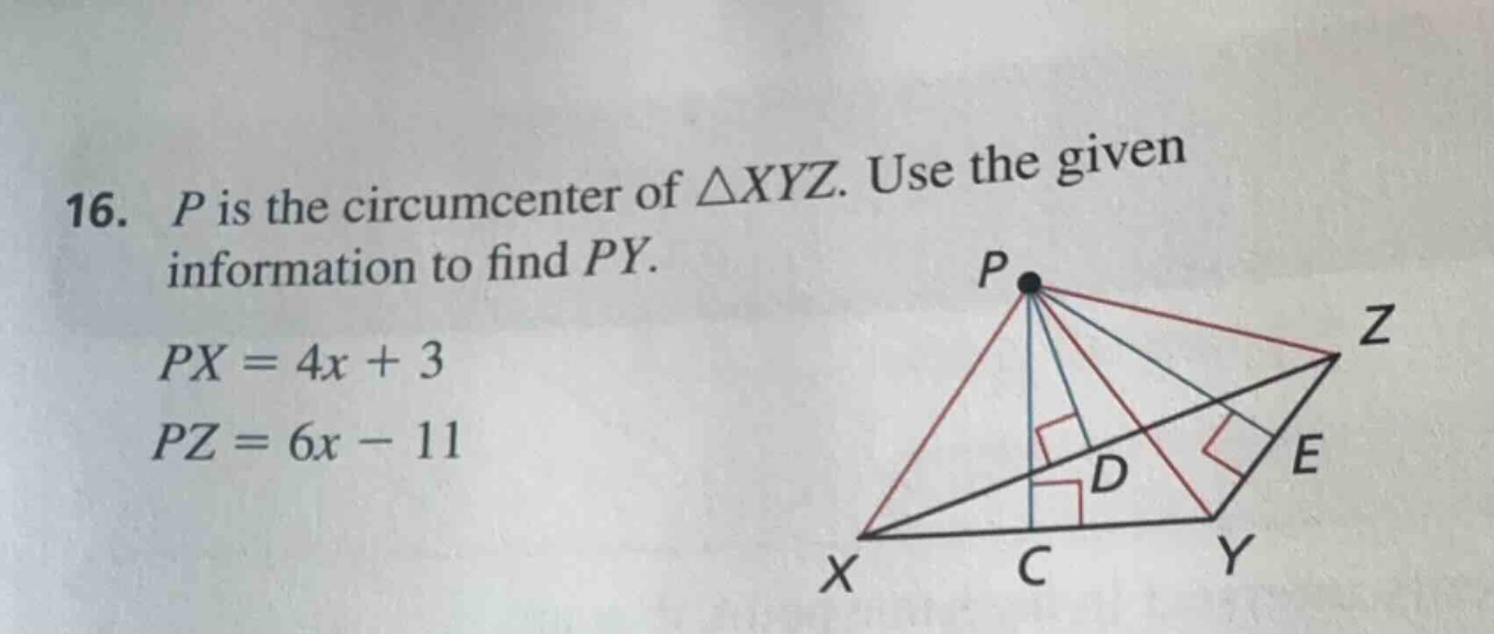 16. p is the circumcenter of $\\triangle xyz$. use the given informatio…