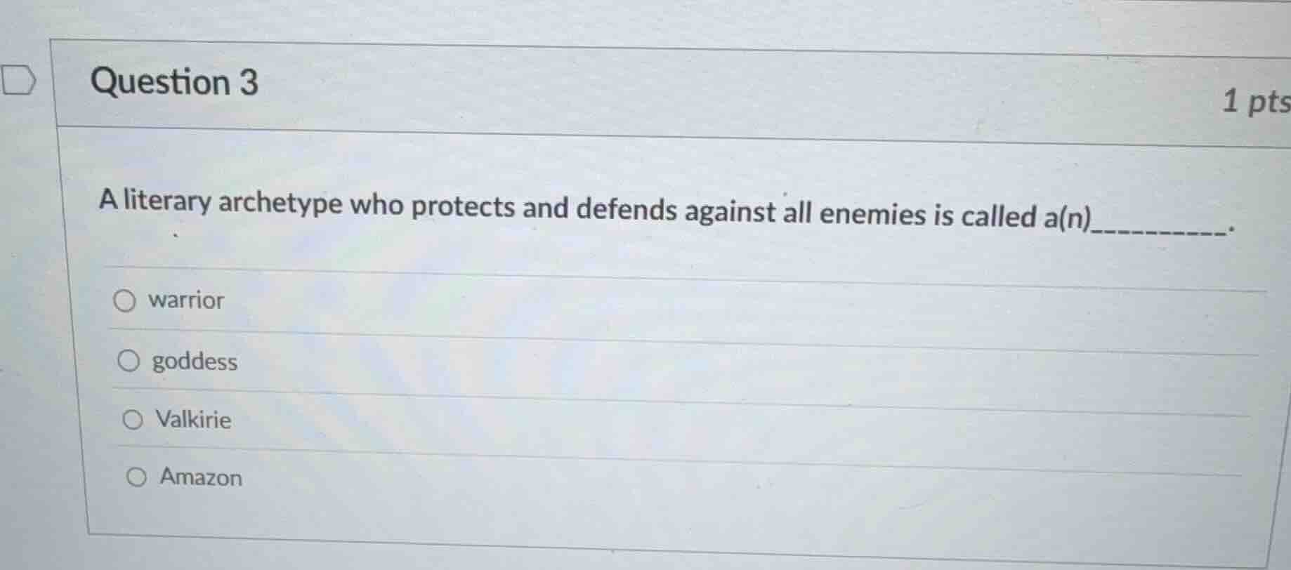 question 3 1 pts a literary archetype who protects and defends against …