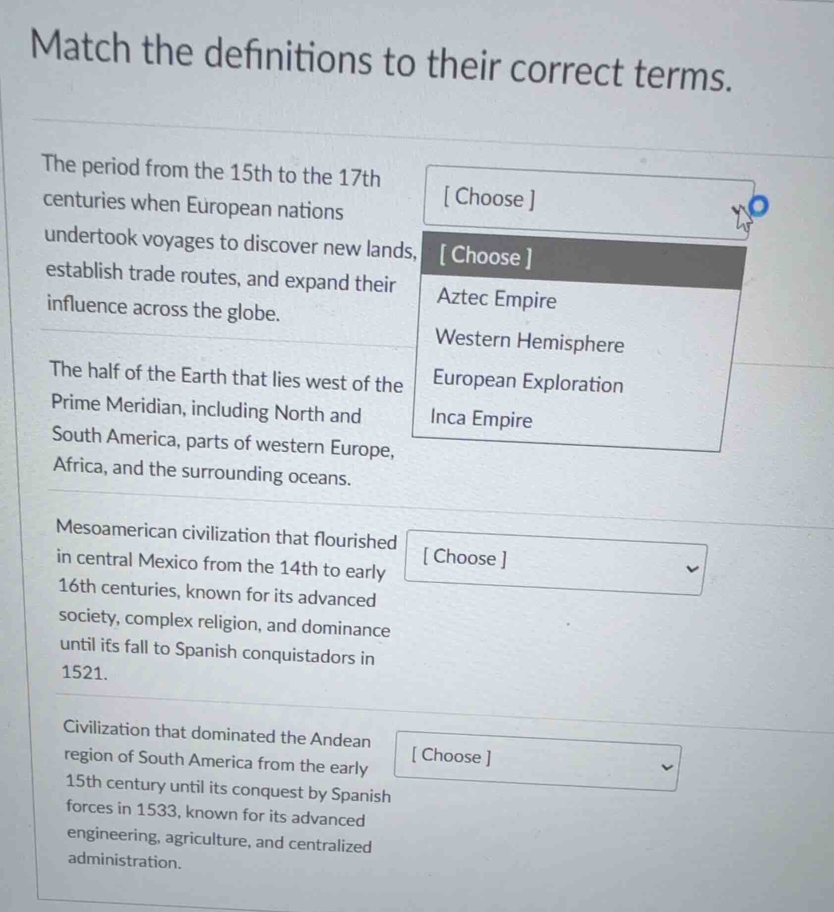 match the definitions to their correct terms. the period from the 15th …
