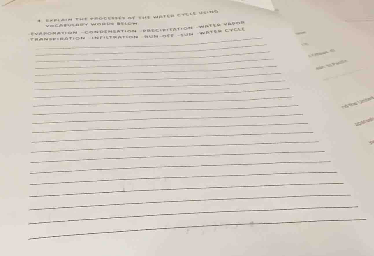 4 explain the processes of the water cycle using vocabulary words below…