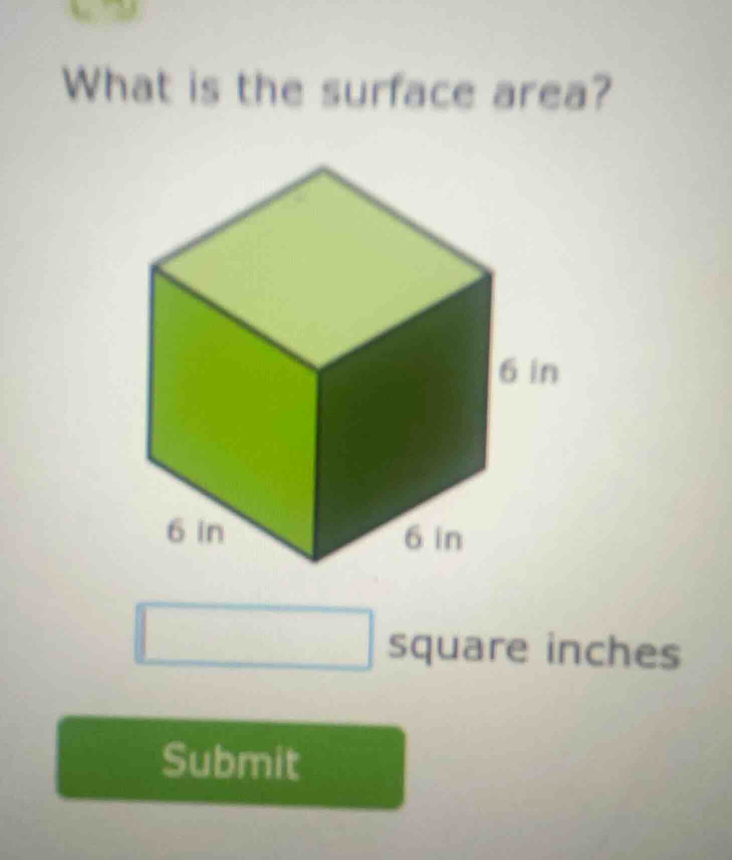what is the surface area? 6 in 6 in 6 in square inches submit