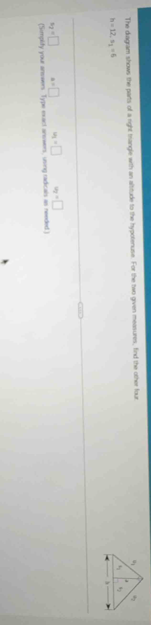 the diagram shows the parts of a right triangle with an altitude to the…