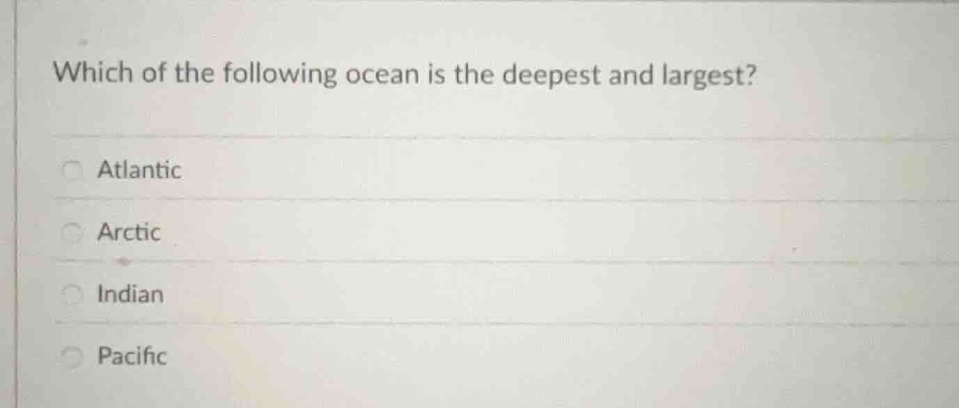 which of the following ocean is the deepest and largest? atlantic arcti…