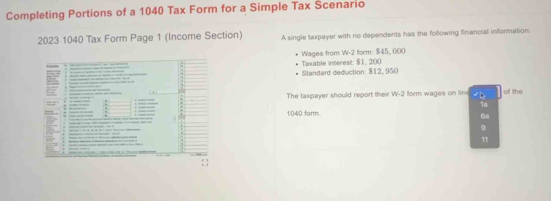 completing portions of a 1040 tax form for a simple tax scenario 2023 1…