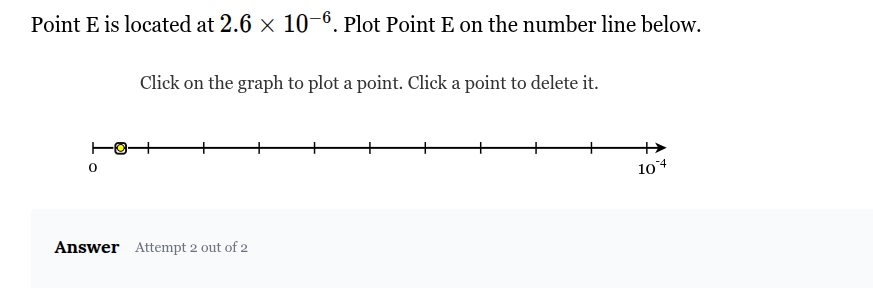 point e is located at $2.6 \\times 10^{-6}$. plot point e on the number…