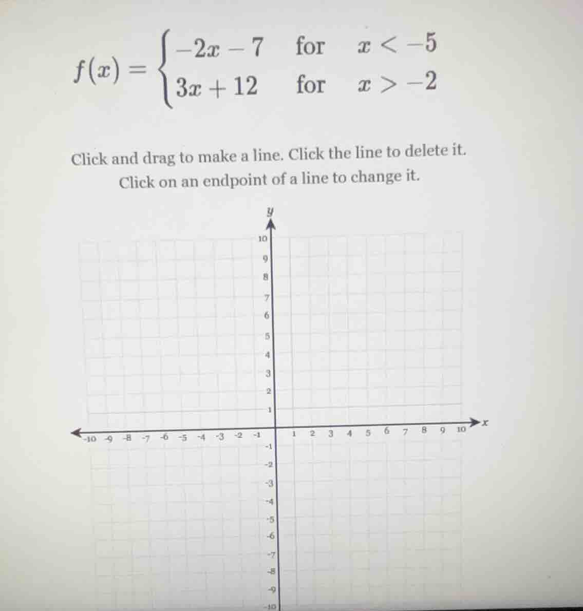 f(x) = \\begin{cases} -2x - 7 & \\text{for} & x < -5 \\\\ 3x + 12 & \\t…