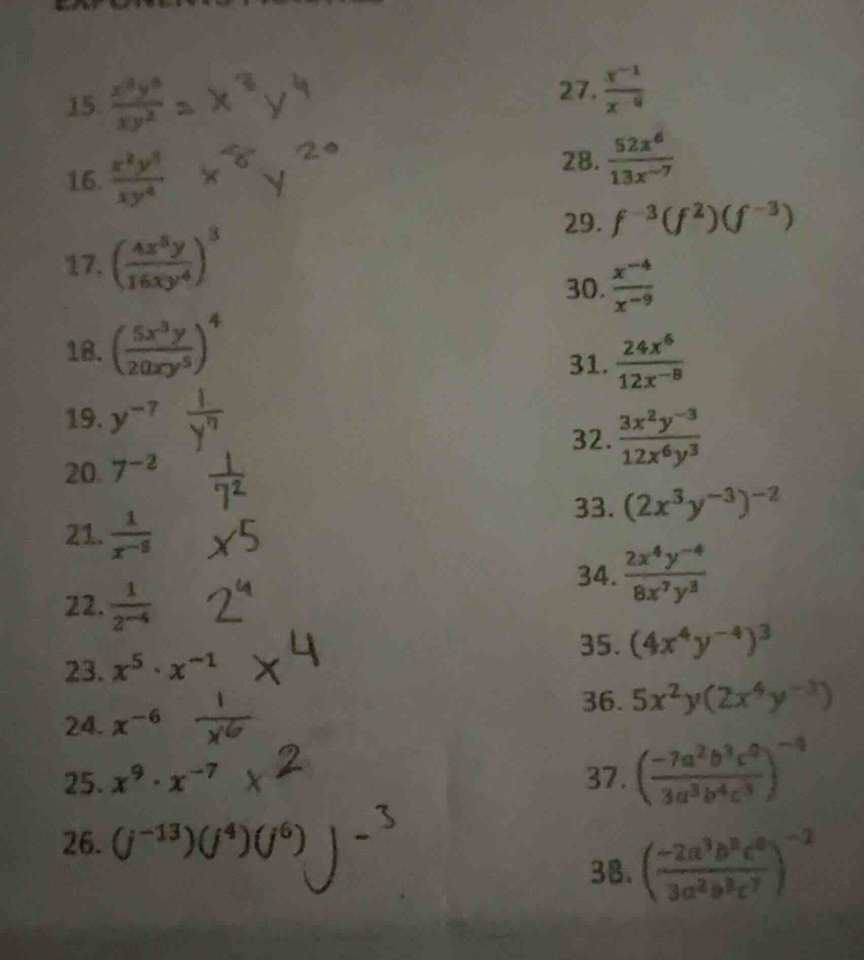 15. \\(\\frac{x^4y^6}{xy^2}\\) \\(= x^3y^4\\) 16. \\(\\frac{x^2y^5}{xy^…