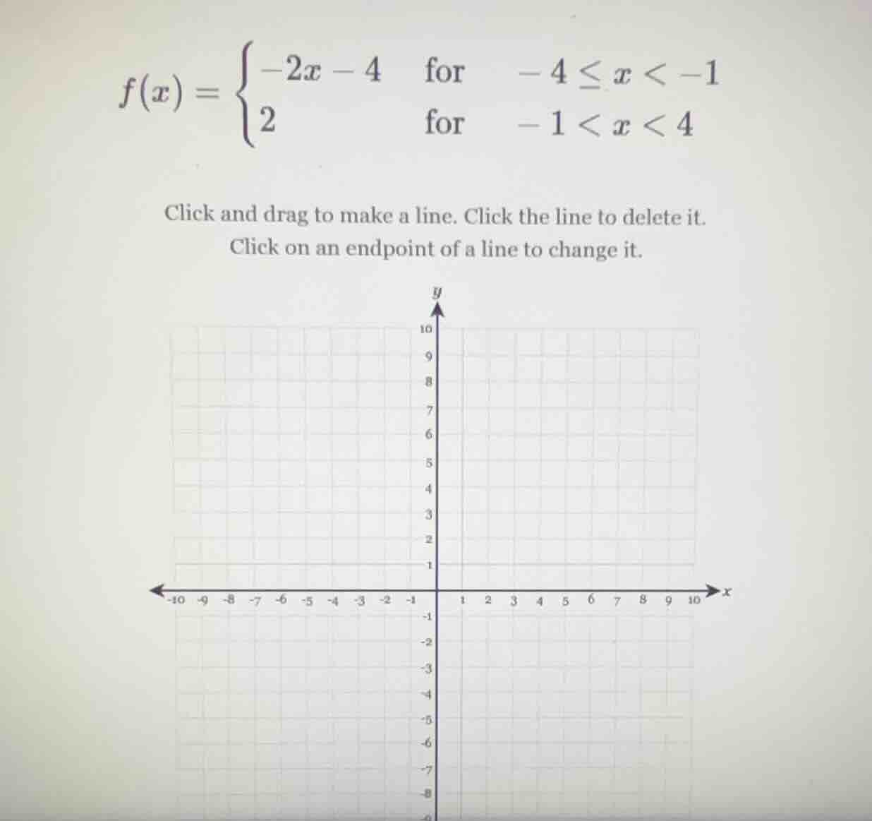 f(x) = \\begin{cases} -2x - 4 & \\text{for} & -4 \\leq x < -1 \\\\ 2 & …