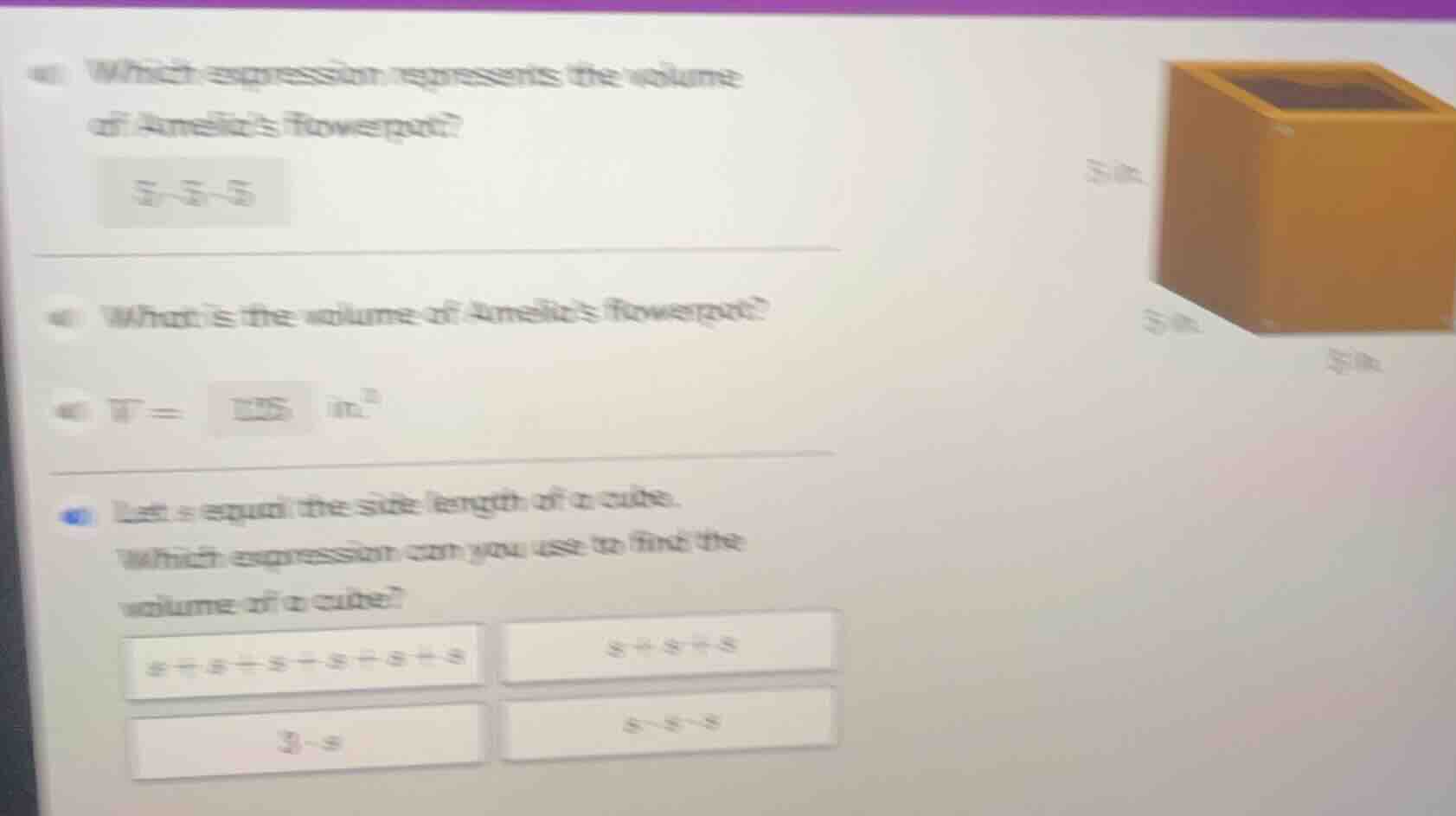 a) which expression represents the volume of amelias flowerpot? 5×5×5 b…