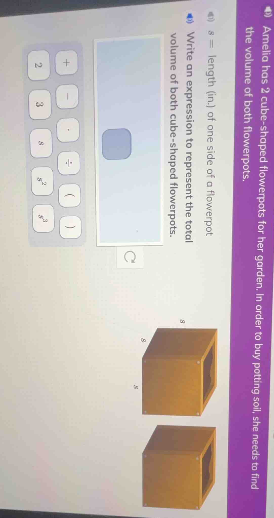 amelia has 2 cube - shaped flowerpots for her garden. in order to buy p…