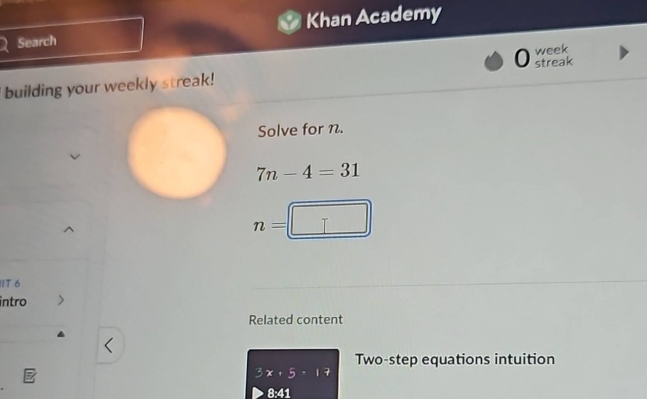 solve for n. 7n - 4 = 31 n =