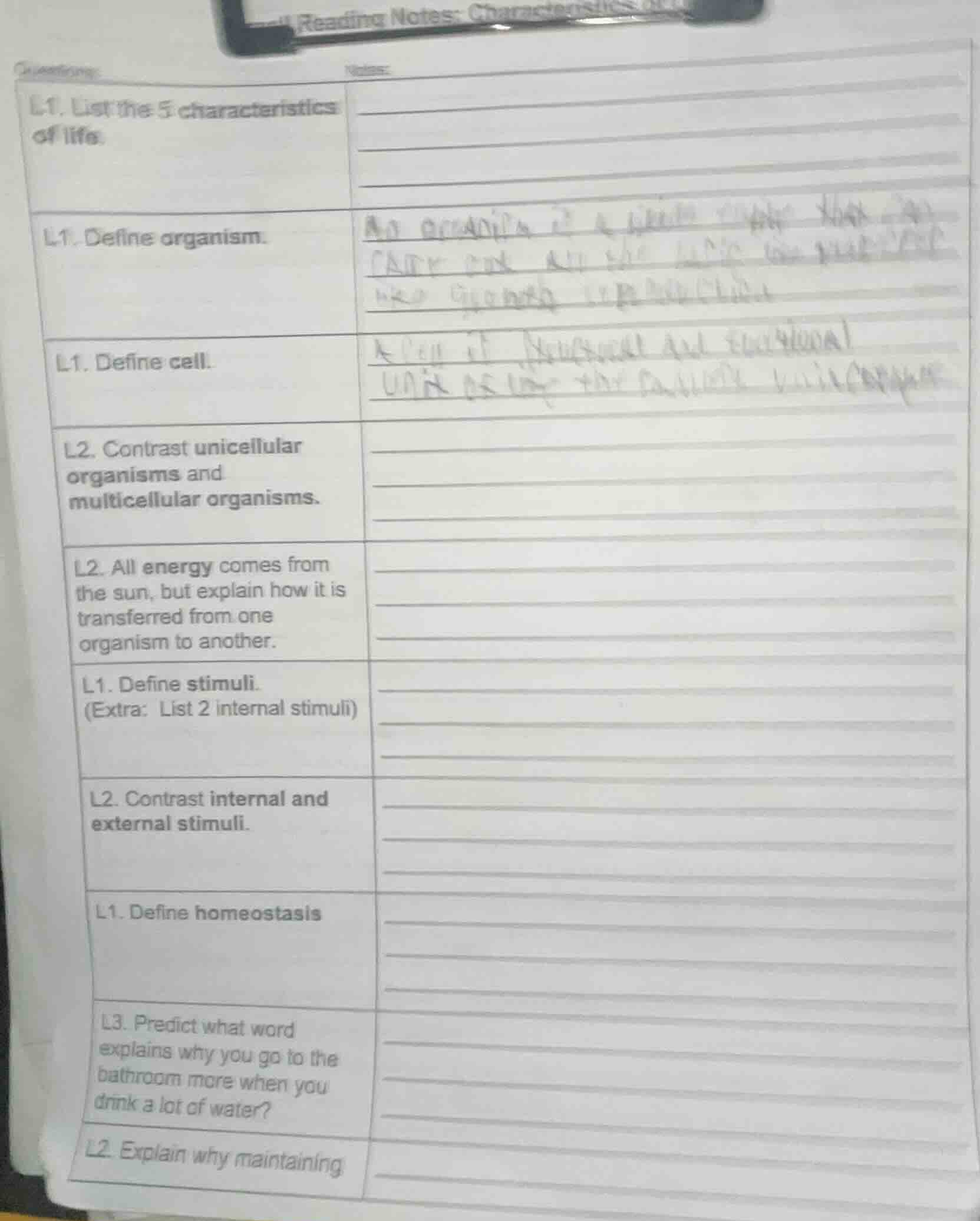 questions: l1. list the 5 characteristics of life. notes: l1. define or…