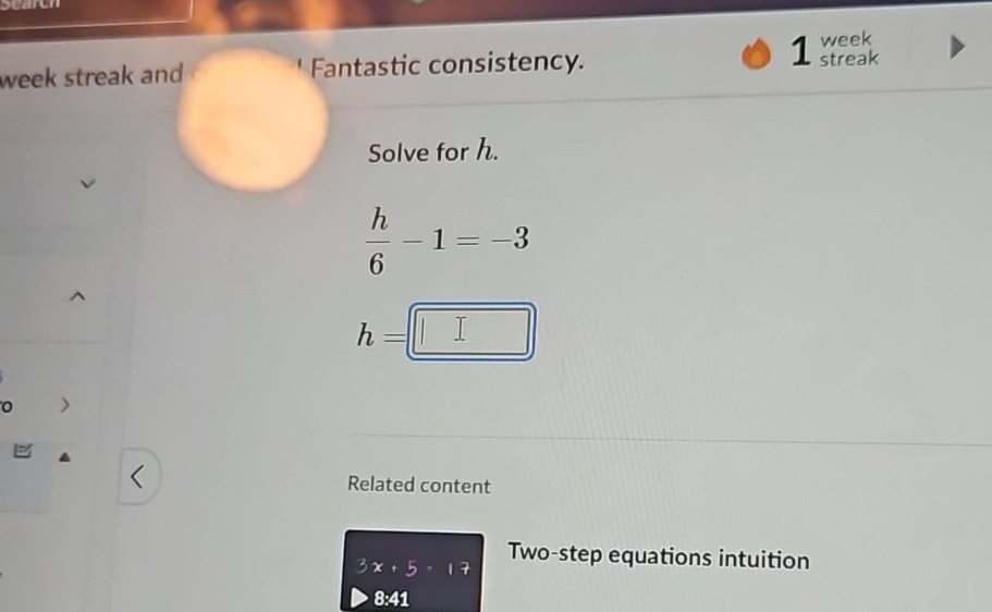 solve for h. \\(\\frac{h}{6} - 1 = -3\\) \\(h =\\) related content two …