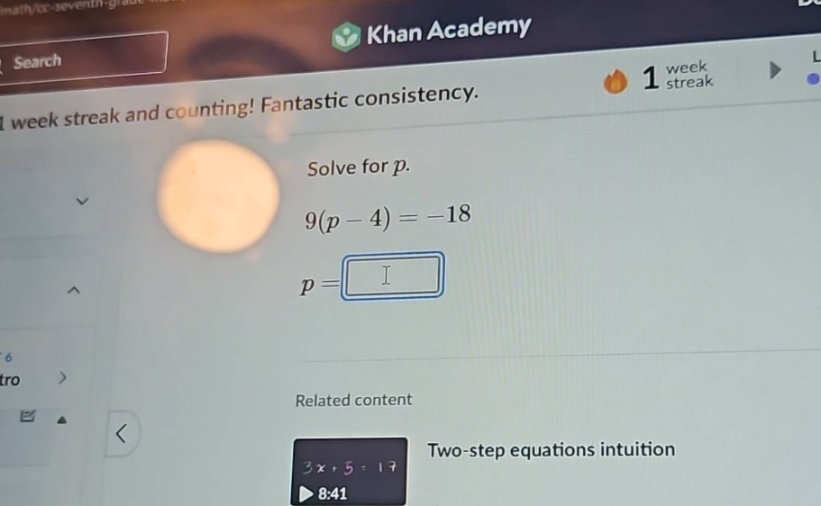 solve for p. $9(p - 4) = -18$ $p = $