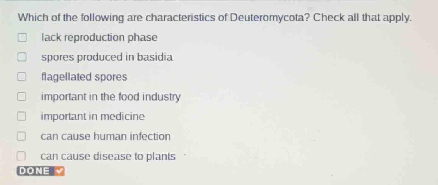 which of the following are characteristics of deuteromycota? check all …