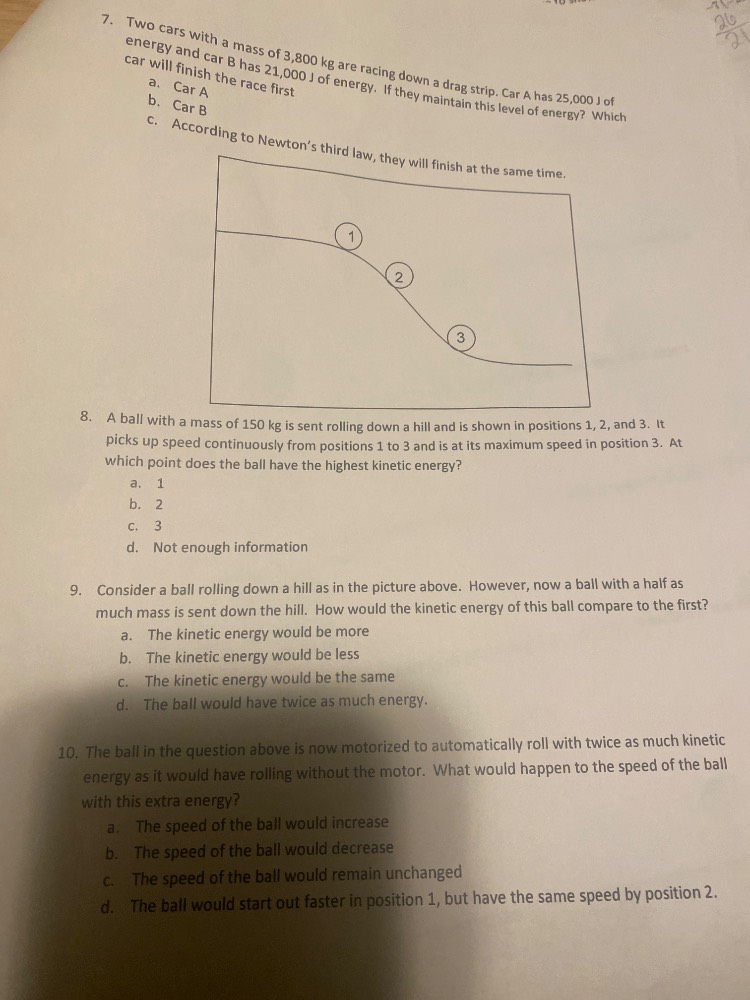 7. two cars with a mass of 3,800 kg are racing down a drag strip. car a…