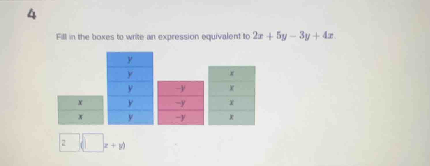 fill in the boxes to write an expression equivalent to $2x + 5y - 3y + …