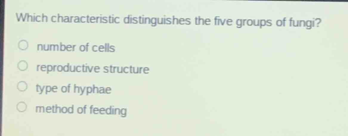 which characteristic distinguishes the five groups of fungi? number of …