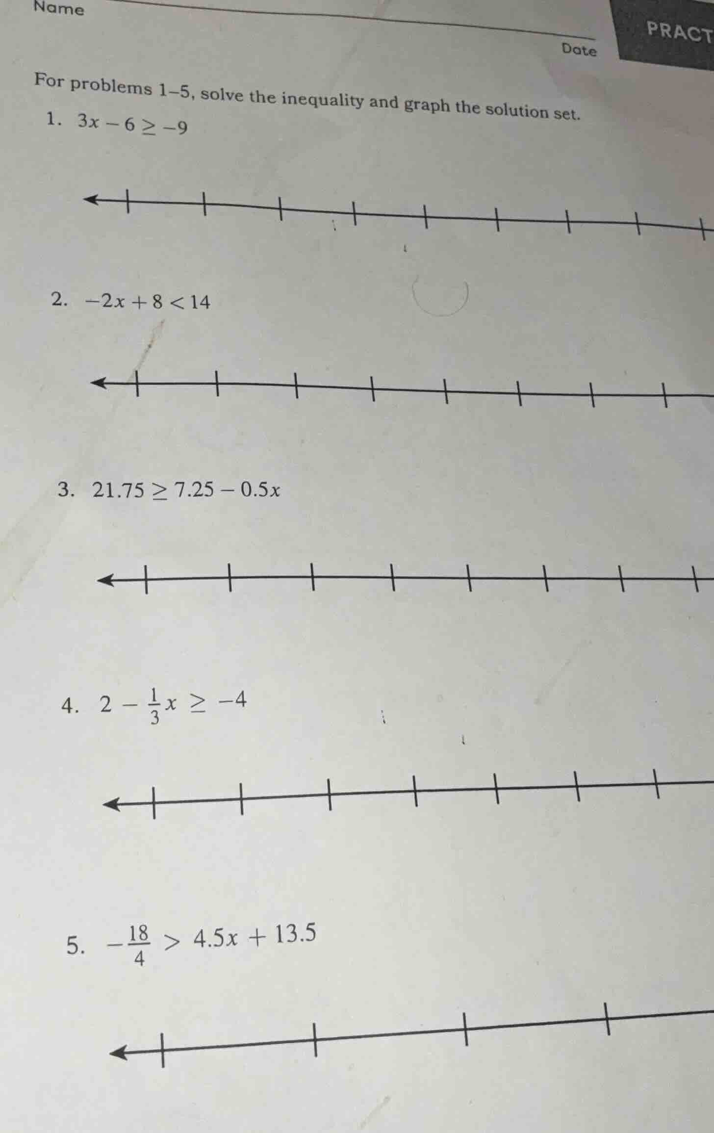 name date pract for problems 1–5, solve the inequality and graph the so…