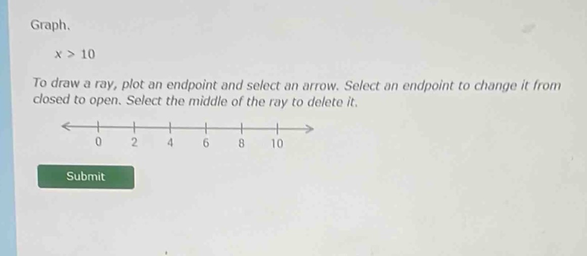 graph. x > 10 to draw a ray, plot an endpoint and select an arrow. sele…