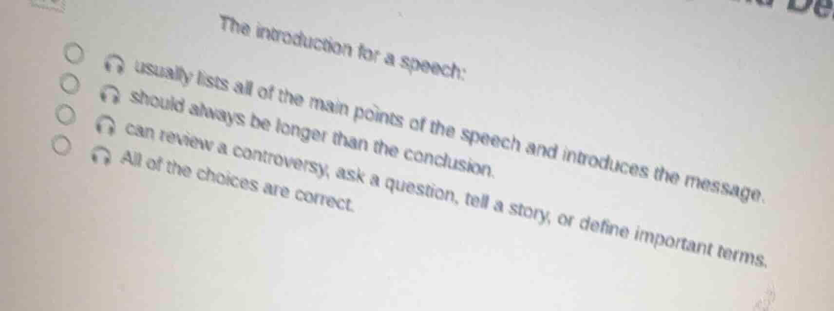 the introduction for a speech: usually lists all of the main points of …