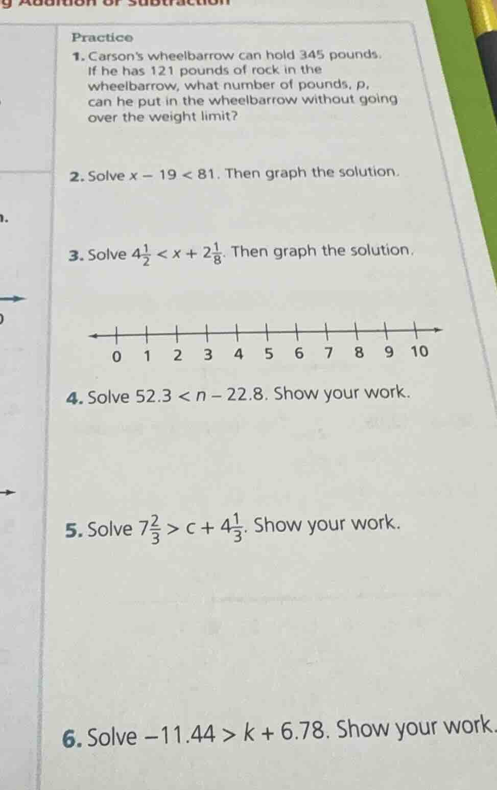 practice 1. carson’s wheelbarrow can hold 345 pounds. if he has 121 pou…